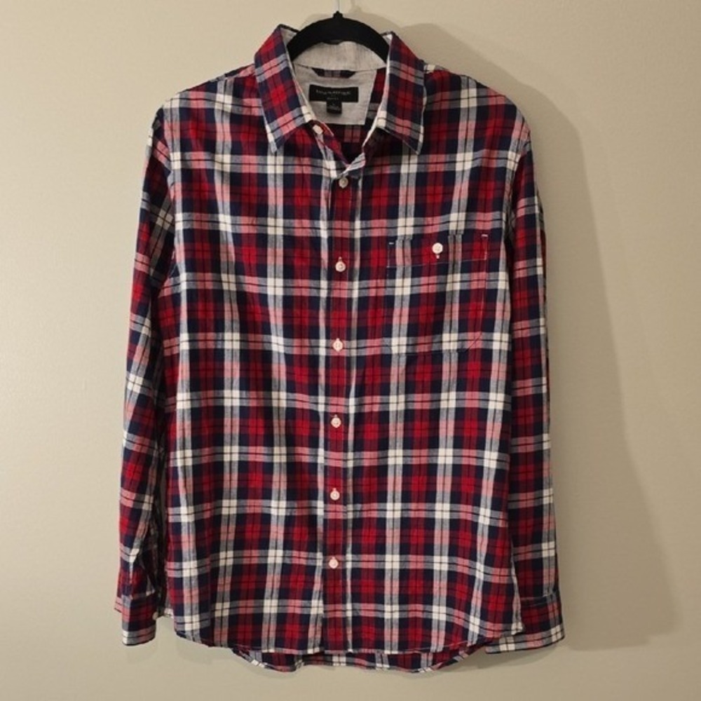 Banana Republic Mens Slim Fit Plaid Flannel Shirt Red Navy Blue Large 871908-00